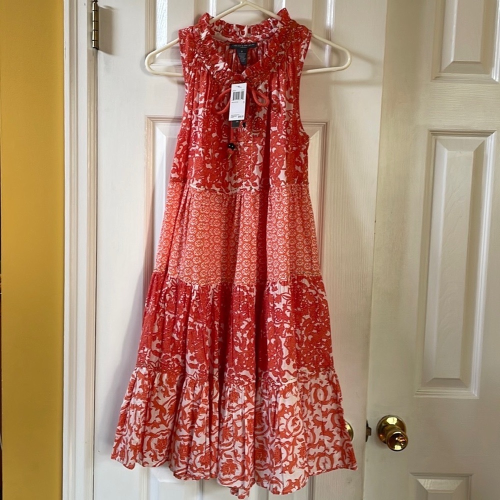Chelsea and Theodore Coral Ruffle Tie neck Printed mini dress